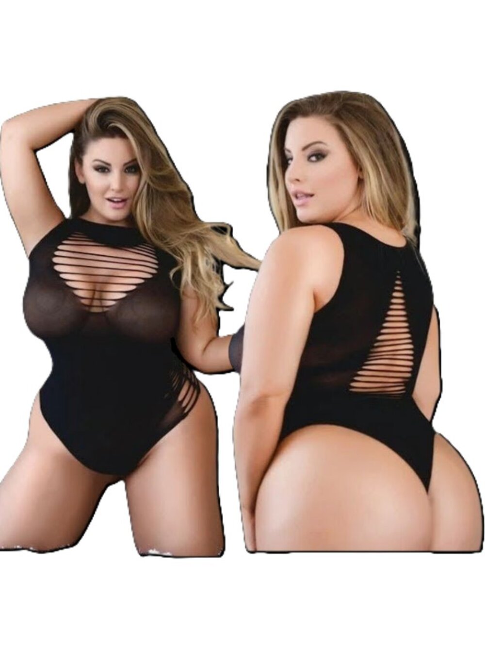 Queen Size Black Fishnet Bodystocking Teddy High Neck Ripped Lingerie NWT